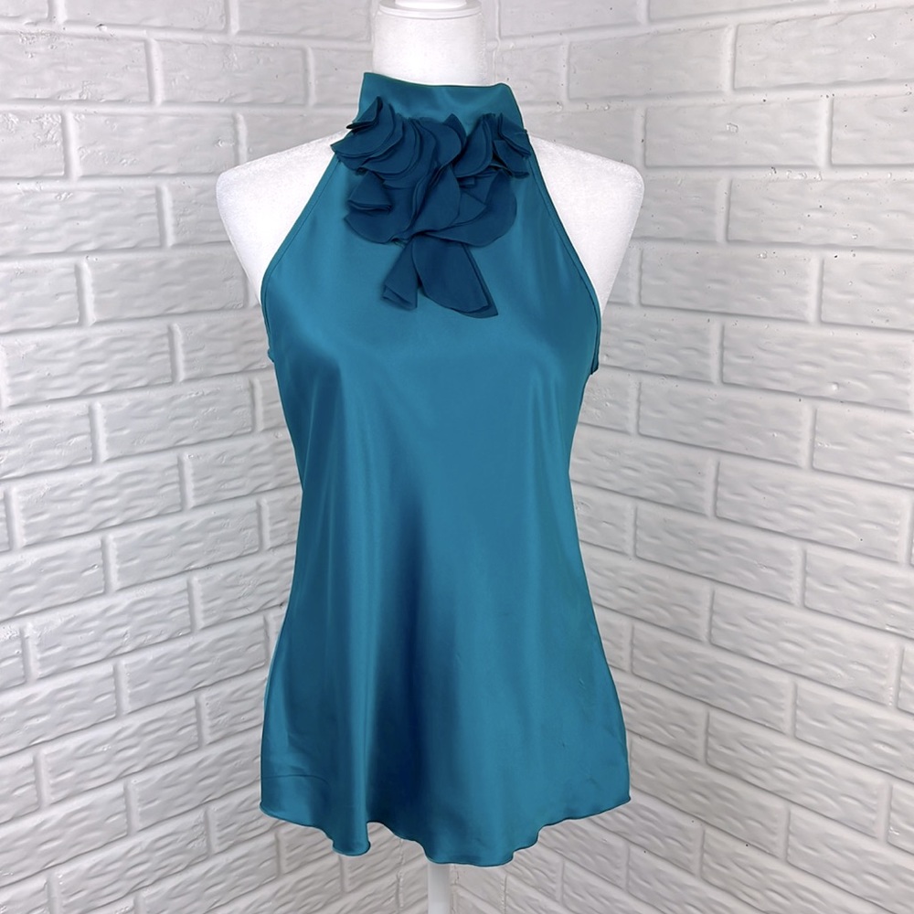 A.BYER Halter Cut Out Teal Tie Back With Ruffle Size LARGE